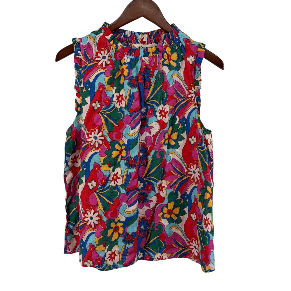 Boden Sophie Ruffle Linen Top Women's 8 Multicolor Retro Floral T1756 NWOT